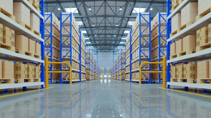 Spacious warehouse aisle with tall blue metal shelving units filled with cardboard boxes