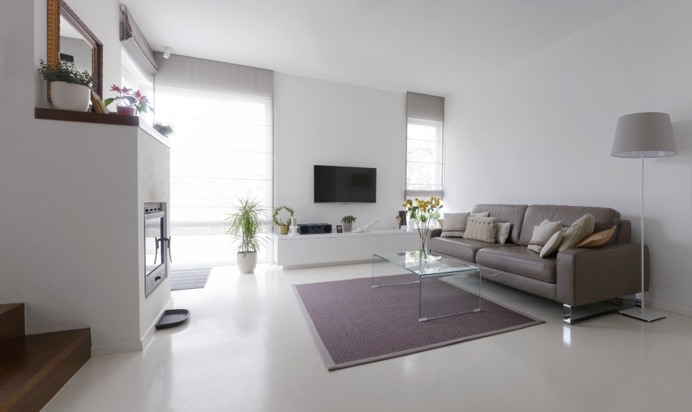 Modern living room with glossy epoxy floor