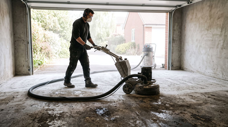 Worker grinding a concrete garage floor with a floor machine.