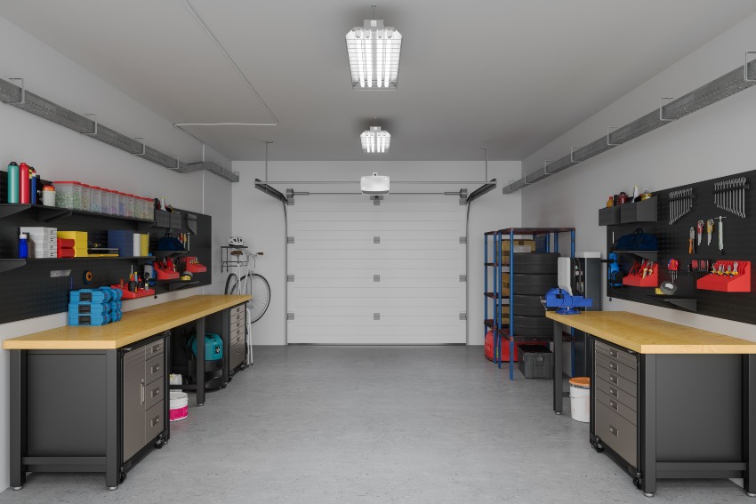 Clean and organized garage featuring a durable coated floor with workbenches and storage solutions
